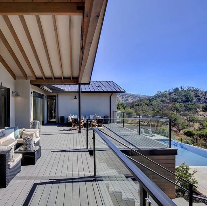 Realestate Napa Valley, California, USA. Backyard balcony with views of pool and rolling hills